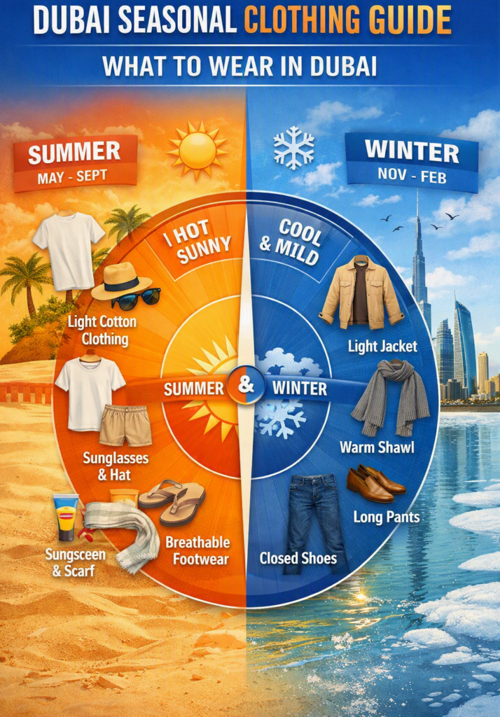Dubai seasonal clothing infographic showing summer and winter outfit tips.