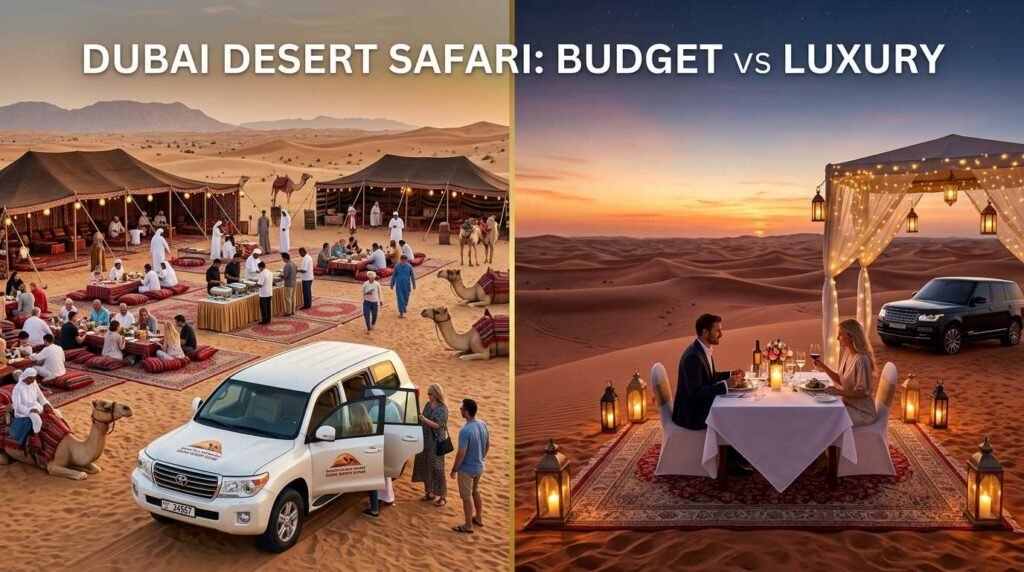 A split-screen comparison image for a Dubai Desert Safari, contrasting a budget group camp experience featuring 4x4 vehicles and a traditional buffet with a private luxury candlelight dinner set up in the desert dunes.