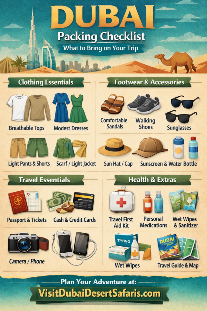 Dubai packing checklist infographic showing clothing, accessories, and travel essentials.