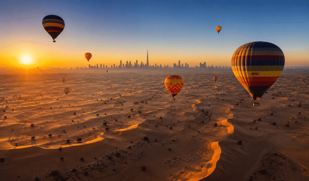 Hot Air Balloon Over Dubai Desert Sunrise